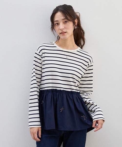 petit main LIEN(プティマインリアン)の「【リンク】リボンペプラム長T(Tシャツ/カットソー・レディース・ネイビー/ラベンダー/アイボリー・FREE)」の2枚目の写真
