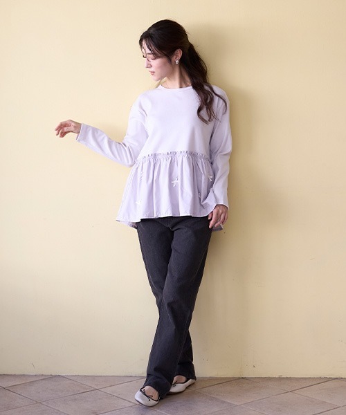 petit main LIEN(プティマインリアン)の「【リンク】リボンペプラム長T(Tシャツ/カットソー・レディース・ネイビー/ラベンダー/アイボリー・FREE)」の6枚目の写真