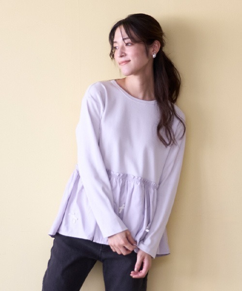 petit main LIEN(プティマインリアン)の「【リンク】リボンペプラム長T(Tシャツ/カットソー・レディース・ネイビー/ラベンダー/アイボリー・FREE)」の4枚目の写真