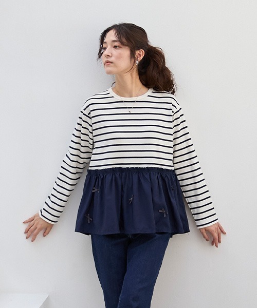 petit main LIEN(プティマインリアン)の「【リンク】リボンペプラム長T(Tシャツ/カットソー・レディース・ネイビー/ラベンダー/アイボリー・FREE)」の7枚目の写真