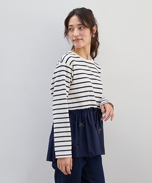 petit main LIEN(プティマインリアン)の「【リンク】リボンペプラム長T(Tシャツ/カットソー・レディース・ネイビー/ラベンダー/アイボリー・FREE)」の8枚目の写真