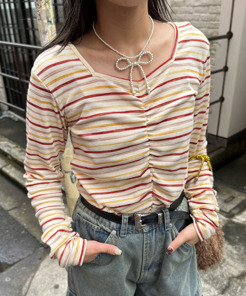 CIAOPANIC(チャオパニック)の「ペイントボーダー2WAYカットソー(Tシャツ/カットソー・レディース・オフホワイト/ブラック/ピンク/グリーン・ONE SIZE)」の3枚目の写真
