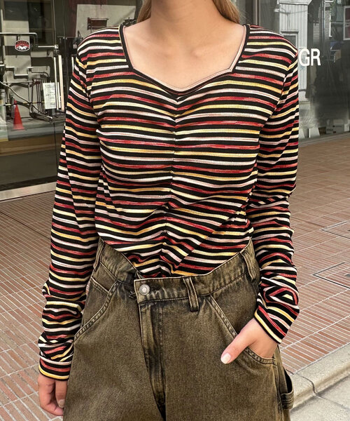 CIAOPANIC(チャオパニック)の「ペイントボーダー2WAYカットソー(Tシャツ/カットソー・レディース・オフホワイト/ブラック/ピンク/グリーン・ONE SIZE)」の1枚目の写真