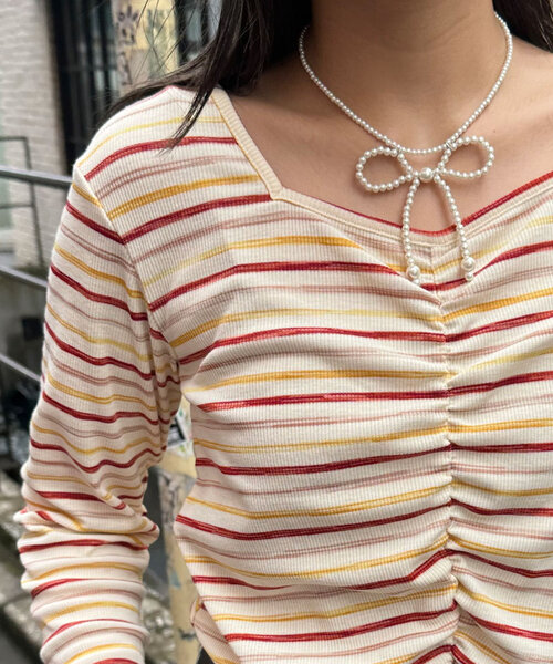 CIAOPANIC(チャオパニック)の「ペイントボーダー2WAYカットソー(Tシャツ/カットソー・レディース・オフホワイト/ブラック/ピンク/グリーン・ONE SIZE)」の5枚目の写真