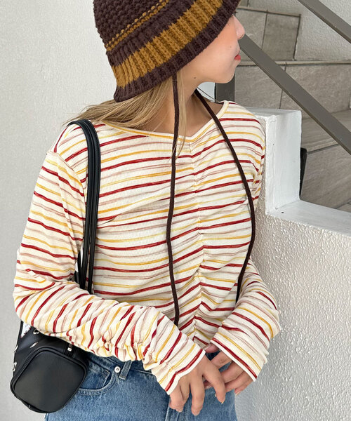 CIAOPANIC(チャオパニック)の「ペイントボーダー2WAYカットソー(Tシャツ/カットソー・レディース・オフホワイト/ブラック/ピンク/グリーン・ONE SIZE)」の7枚目の写真