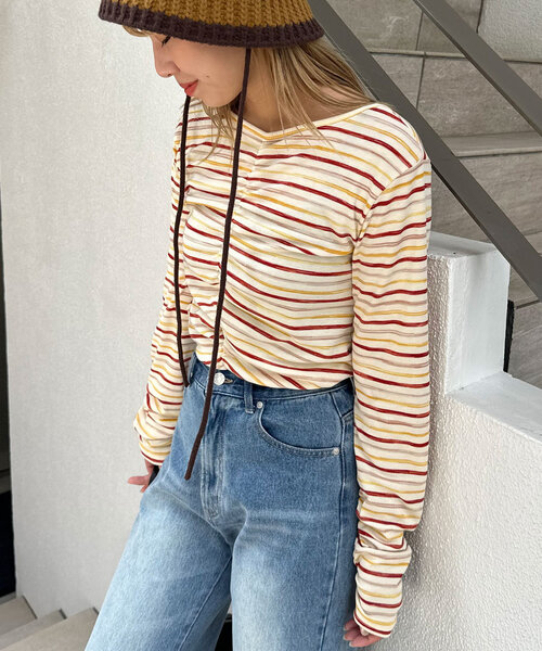 CIAOPANIC(チャオパニック)の「ペイントボーダー2WAYカットソー(Tシャツ/カットソー・レディース・オフホワイト/ブラック/ピンク/グリーン・ONE SIZE)」の8枚目の写真