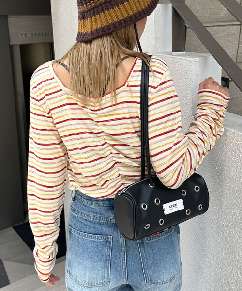 CIAOPANIC(チャオパニック)の「ペイントボーダー2WAYカットソー(Tシャツ/カットソー・レディース・オフホワイト/ブラック/ピンク/グリーン・ONE SIZE)」の9枚目の写真