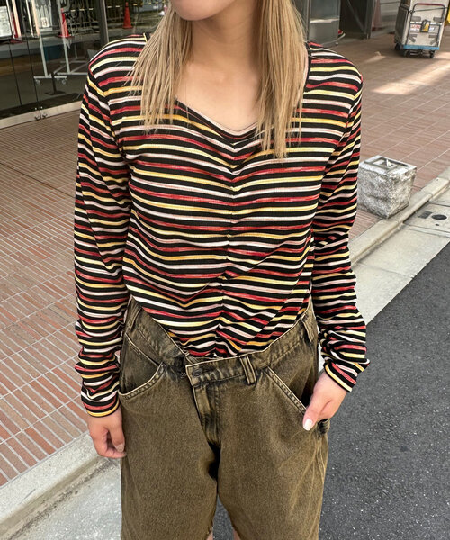 CIAOPANIC(チャオパニック)の「ペイントボーダー2WAYカットソー(Tシャツ/カットソー・レディース・オフホワイト/ブラック/ピンク/グリーン・ONE SIZE)」の13枚目の写真