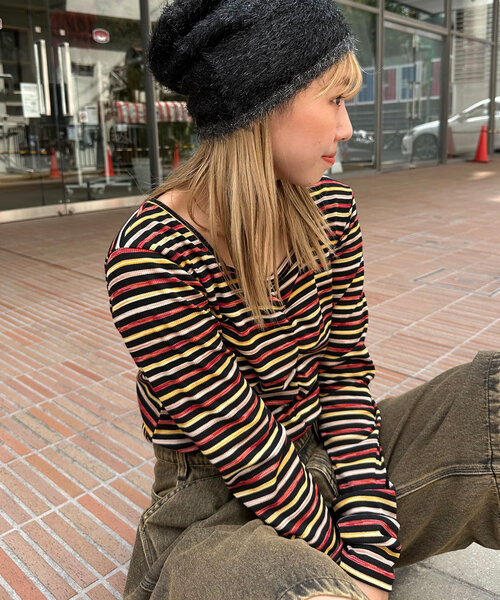 CIAOPANIC(チャオパニック)の「ペイントボーダー2WAYカットソー(Tシャツ/カットソー・レディース・オフホワイト/ブラック/ピンク/グリーン・ONE SIZE)」の14枚目の写真