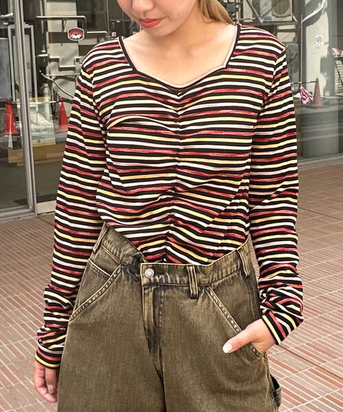 CIAOPANIC(チャオパニック)の「ペイントボーダー2WAYカットソー(Tシャツ/カットソー・レディース・オフホワイト/ブラック/ピンク/グリーン・ONE SIZE)」の17枚目の写真