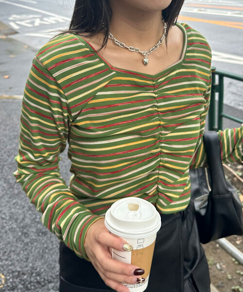 CIAOPANIC(チャオパニック)の「ペイントボーダー2WAYカットソー(Tシャツ/カットソー・レディース・オフホワイト/ブラック/ピンク/グリーン・ONE SIZE)」の21枚目の写真