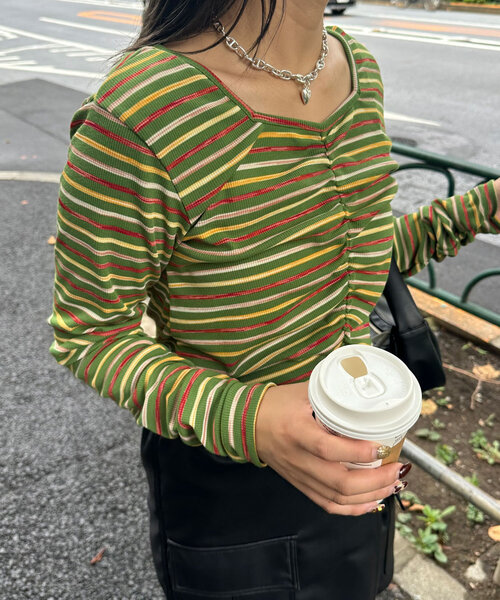 CIAOPANIC(チャオパニック)の「ペイントボーダー2WAYカットソー(Tシャツ/カットソー・レディース・オフホワイト/ブラック/ピンク/グリーン・ONE SIZE)」の22枚目の写真
