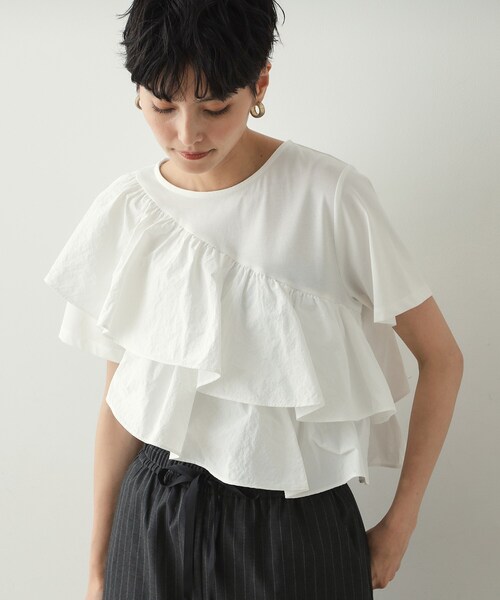 セール】2段フリルカットソー【洗濯機洗い可】（Tシャツ