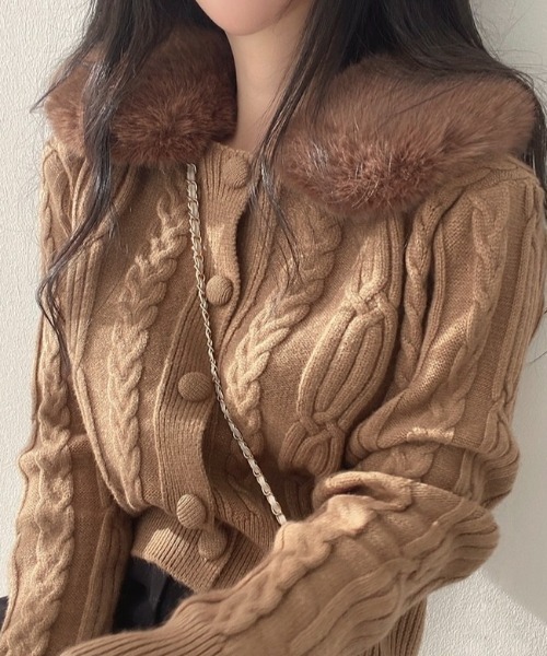 セール】2way フェイクファー ケーブルニットカーディガン