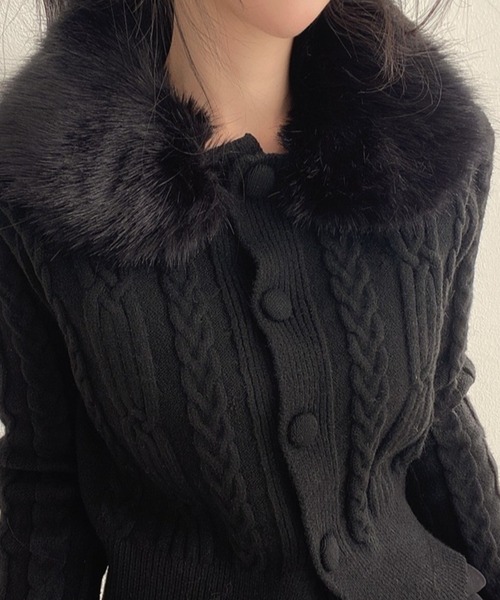 セール】2way フェイクファー ケーブルニットカーディガン