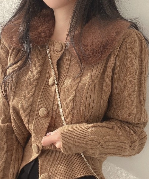 セール】2way フェイクファー ケーブルニットカーディガン