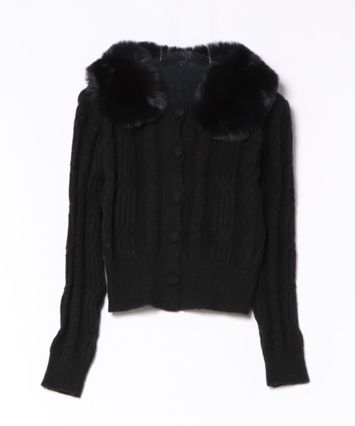 ブラックリブ編みリアルファー付きカーディガン iCB リブ編み ブラックカーディガン S ファー襟 ウエストリボン - メルカリ