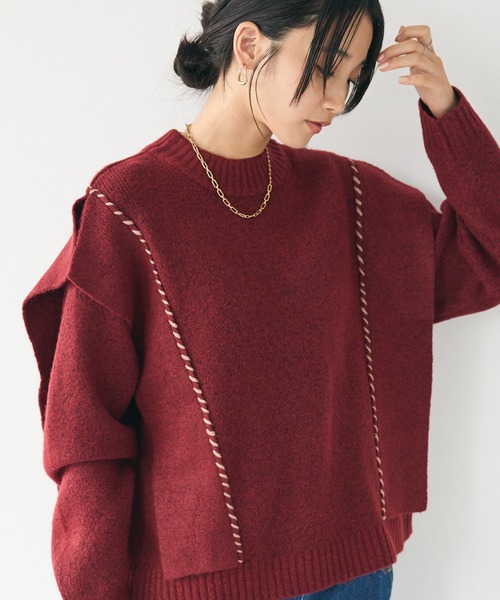 CRAFT STANDARD BOUTIQUE(クラフトスタンダードブティック)の「ハンドステッチデザインニットプルオーバー(ニット/セーター・レディース・グレイッシュベージュ/グリーン/ボルドー/サックスブルー/ピンク/ネイビー/杢グレー・FREE)」の7枚目の写真