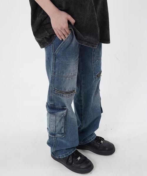 Miniministore（ミニミニストア）の「デニムカーゴパンツ 韓国風ワイドジーンズ（デニムパンツ・レディース・インディゴブルー・L/XL/M/S）」の2枚目の写真