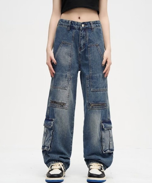 Miniministore（ミニミニストア）の「デニムカーゴパンツ 韓国風ワイドジーンズ（デニムパンツ・レディース・インディゴブルー・L/XL/M/S）」の7枚目の写真