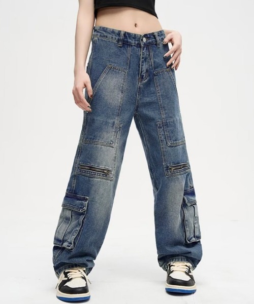 Miniministore（ミニミニストア）の「デニムカーゴパンツ 韓国風ワイドジーンズ（デニムパンツ・レディース・インディゴブルー・L/XL/M/S）」の9枚目の写真