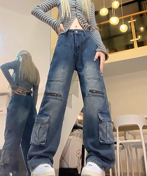 Miniministore（ミニミニストア）の「デニムカーゴパンツ 韓国風ワイドジーンズ（デニムパンツ・レディース・インディゴブルー・L/XL/M/S）」の16枚目の写真