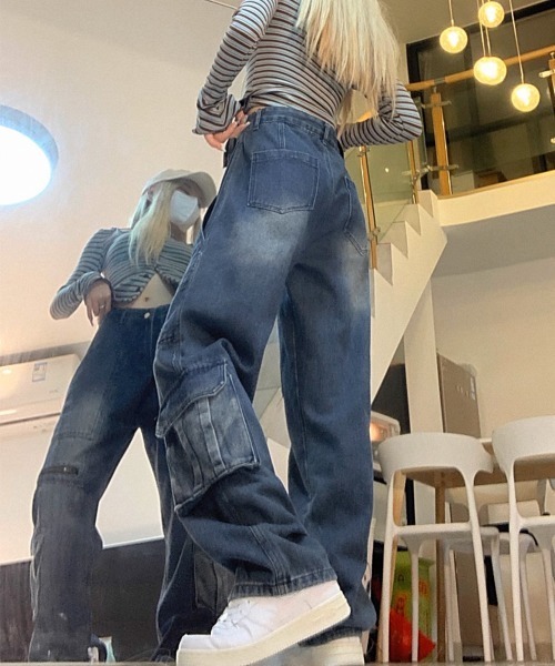 Miniministore（ミニミニストア）の「デニムカーゴパンツ 韓国風ワイドジーンズ（デニムパンツ・レディース・インディゴブルー・L/XL/M/S）」の17枚目の写真