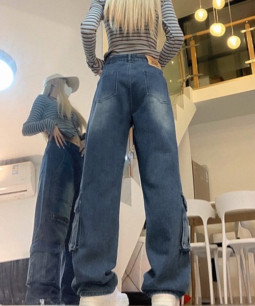 Miniministore（ミニミニストア）の「デニムカーゴパンツ 韓国風ワイドジーンズ（デニムパンツ・レディース・インディゴブルー・L/XL/M/S）」の18枚目の写真