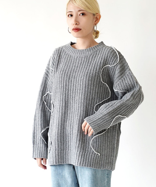 e-zakkamania stores(イーザッカマニアストアーズ)の「リンキングウェーブ 片畔編み ニットプルオーバー(ニット/セーター・レディース・アイボリー/杢グレー・M)」の10枚目の写真