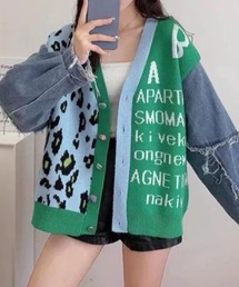 デニムスリーブ配色ニットカーディガン