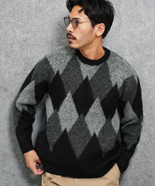 jiggys shop（ジギーズショップ）の「モヘアタッチアーガイルジャガード編みクルーネックニットセーター（ニット/セーター・メンズ・ブラック/ネイビー/ブラウン・SMALL/MEDIUM/LARGE/X-LARGE）」の2枚目の写真