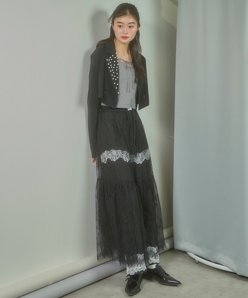 セール】レースラインストライプ柄スラックス（スラックス