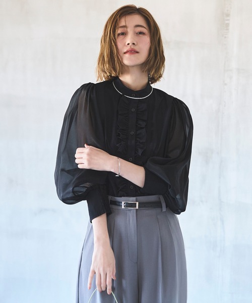 セール】洗える ｜ オーガンジー スリーブ フロントフリル ブラウス