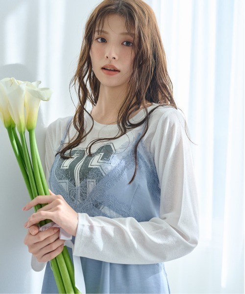 mysty woman(ミスティウーマン)の「ナンバーロゴシアーロンT 322317(Tシャツ/カットソー・レディース・オフホワイト/ライトブルー/ブラック・FREE)」の7枚目の写真