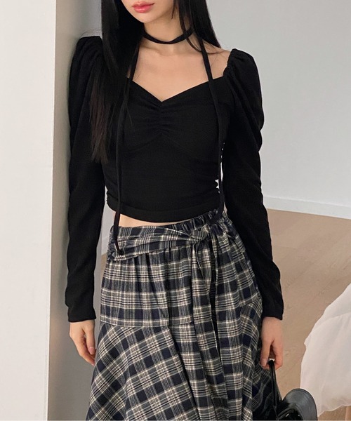 by muni:r(バイ ムニール)の「ラブリーパフシャーリングトップス+マフラーSET(Tシャツ/カットソー・レディース・チャコール/ホワイト/ブラック・FREE)」の8枚目の写真