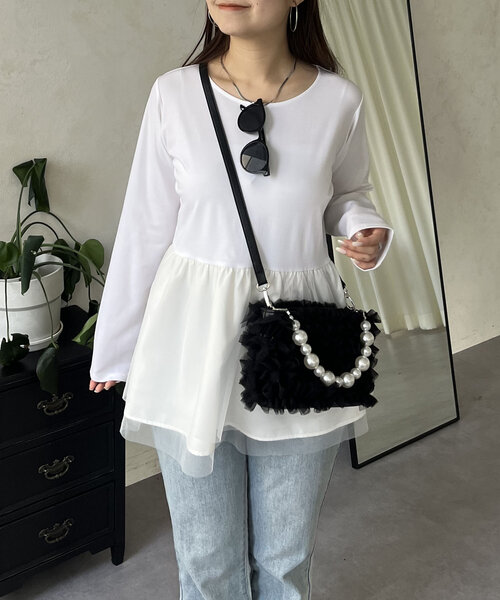 prose verse（プロズヴェール）の「裾チュールバックメタルレイヤードペプラムロンT（Tシャツ/カットソー・レディース・ブラック/ホワイト・MEDIUM/LARGE）」の6枚目の写真