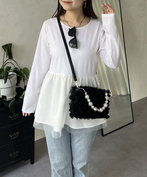 prose verse（プロズヴェール）の「裾チュールバックメタルレイヤードペプラムロンT（Tシャツ/カットソー・レディース・ブラック/ホワイト・MEDIUM/LARGE）」の7枚目の写真