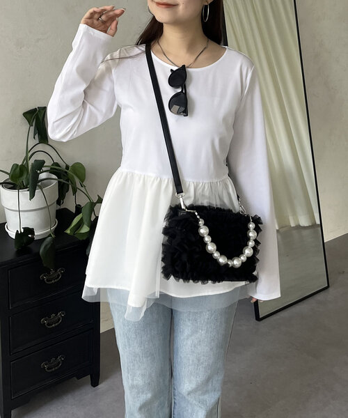 prose verse（プロズヴェール）の「裾チュールバックメタルレイヤードペプラムロンT（Tシャツ/カットソー・レディース・ブラック/ホワイト・MEDIUM/LARGE）」の12枚目の写真