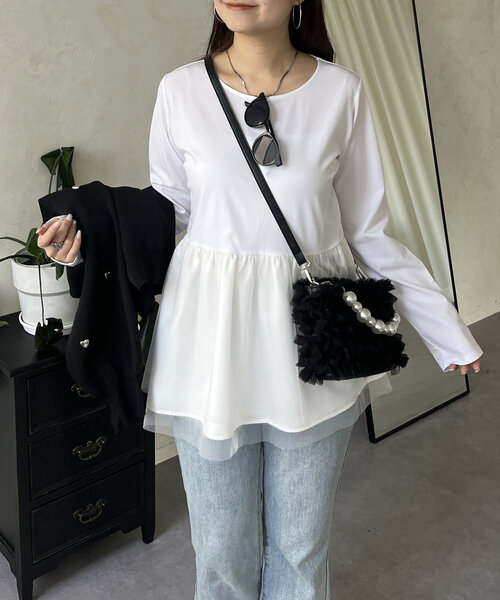 prose verse（プロズヴェール）の「裾チュールバックメタルレイヤードペプラムロンT（Tシャツ/カットソー・レディース・ブラック/ホワイト・MEDIUM/LARGE）」の19枚目の写真