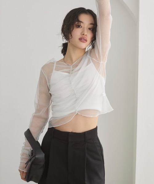 ANGIE(アンジー)の「シャーリング ラメ シアー トップス(Tシャツ/カットソー・レディース・ブラック/ライトベージュ/ライトピンク/ホワイト・FREE)」の8枚目の写真