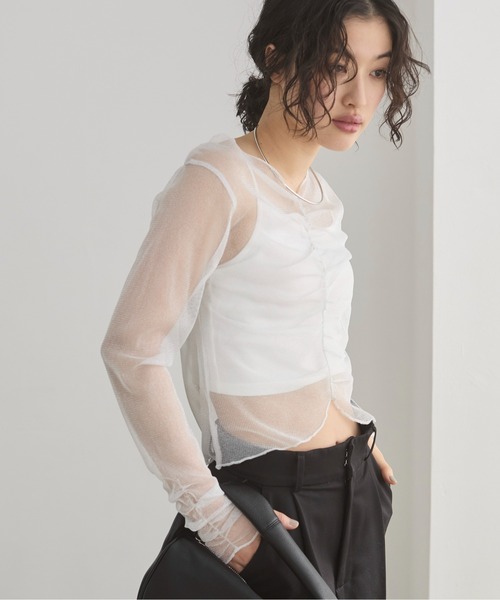 ANGIE(アンジー)の「シャーリング ラメ シアー トップス(Tシャツ/カットソー・レディース・ブラック/ライトベージュ/ライトピンク/ホワイト・FREE)」の10枚目の写真