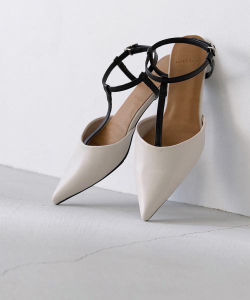 セール】ポインテッドトゥ Tストラップ ローヒール パンプス