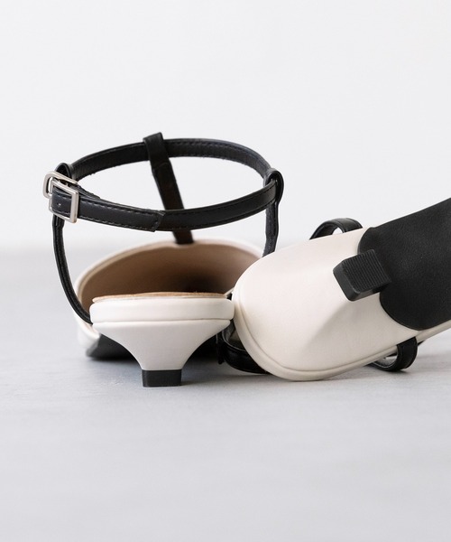 セール】ポインテッドトゥ Tストラップ ローヒール パンプス