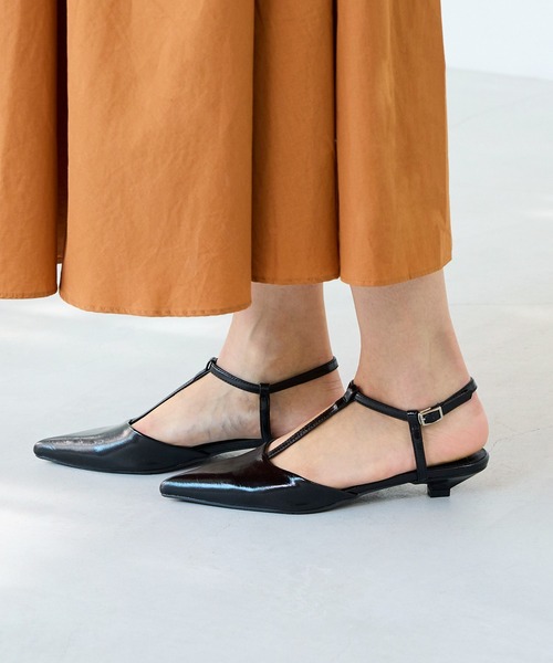 セール】ポインテッドトゥ Tストラップ ローヒール パンプス（パンプス