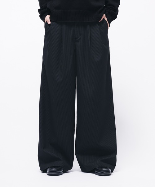 サイドライン　ウール　2タック　ワイドスラックス　黒　ブラック 50s UNKNOWN サイドライン ツータック スラックス ウールパンツ