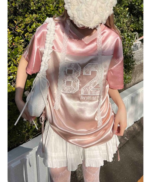 WC(ダブル シー)の「レースワッペンサテンユニフォーム(Tシャツ/カットソー・レディース・ブルー/ピンク/ブラック・FREE)」の3枚目の写真