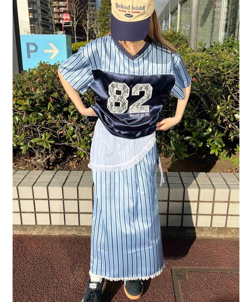 WC(ダブル シー)の「レースワッペンサテンユニフォーム(Tシャツ/カットソー・レディース・ブルー/ピンク/ブラック・FREE)」の4枚目の写真