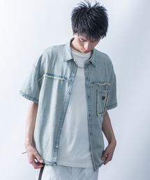 Fringe denim one point shirt/フリンジデニム ワンポイント刺繍 ドローコード 半袖シャツ