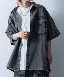 Starting Over | Fringe denim one point shirt/フリンジデニム ワンポイント刺繍 ドローコード 半袖シャツ(シャツ/ブラウス)
