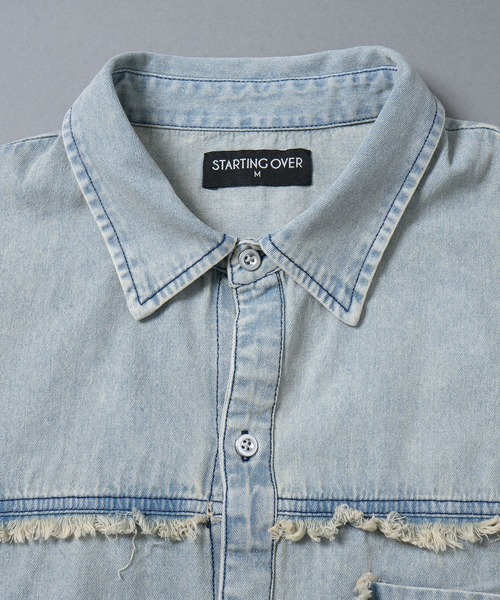 Starting Over（スターティングオーバー）の「Fringe denim one point shirt/フリンジデニム ワンポイント刺繍 ドローコード 半袖シャツ（シャツ/ブラウス・メンズ・ブラック/ブルー・L/M）」の9枚目の写真